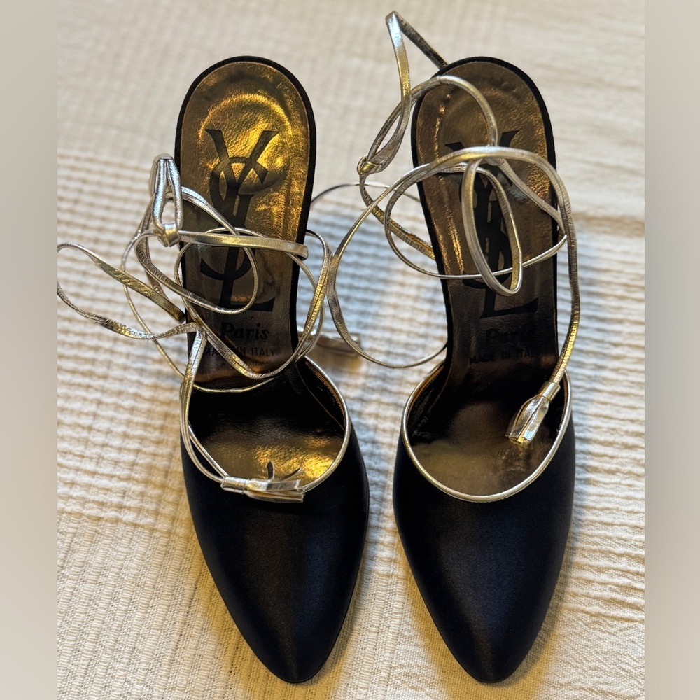 Vintage YSL Yves Saint Laurent Black Satin Wrap Heel - Size 7N - Picture 3 of 11